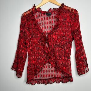 Bay Studio Career Petites Women's Red Sheer 3/4 Sleeve Tie Front Blouse‎ Size SP